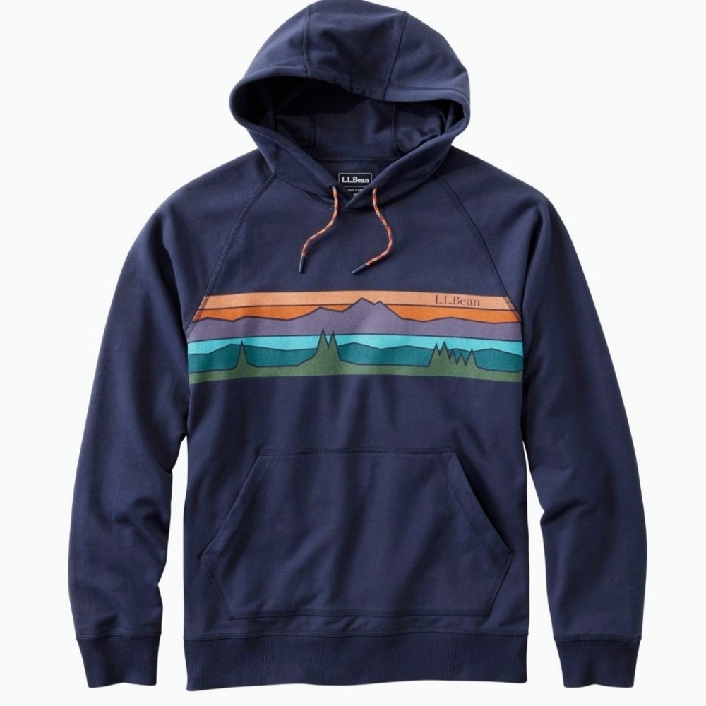 L.L. Bean Men's Navy Blue Camp Hoodie with Colorful Stripe Design
